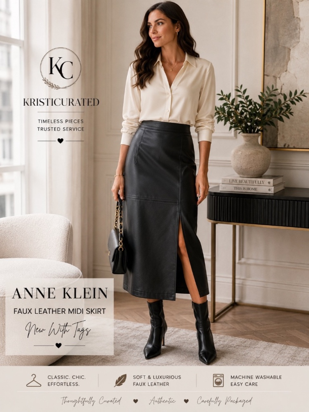 Anne Klein Black Faux Leather Midi Skirt Front Slit Size 0 NWT